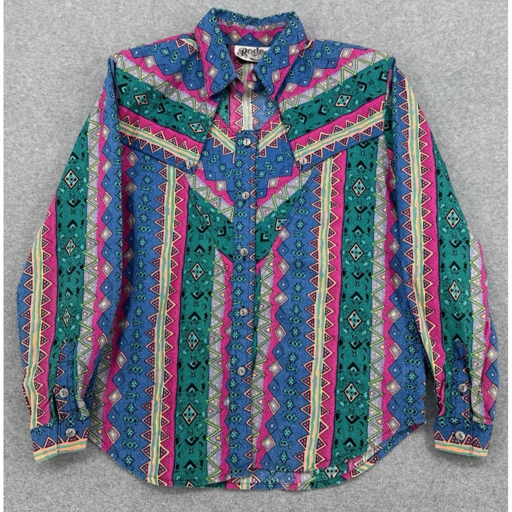 Rodeo Western Wear Vintage Aztec Geometric Print Snap Button Western Shirt Color